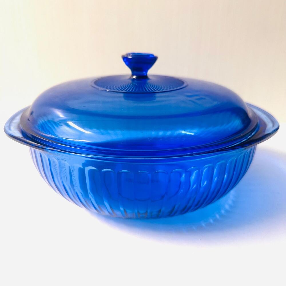 Vintage Pyrex Cobalt Blue Glass Ribbed Bowl Lid Covered Casserole Dish 2 Quart